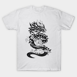 the dragon quetzalcoatl serpent king in ecopop totonac mandala tribal art T-Shirt